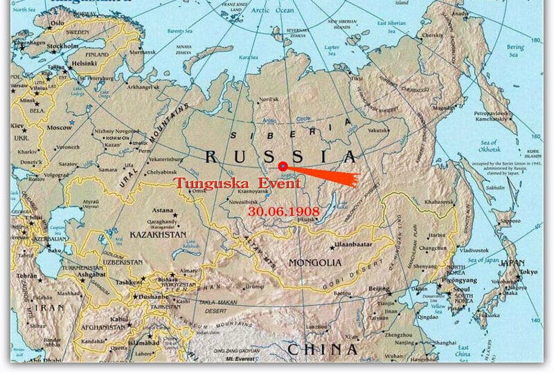 The place where the Tunguska meteorite fell on the map of Russia
